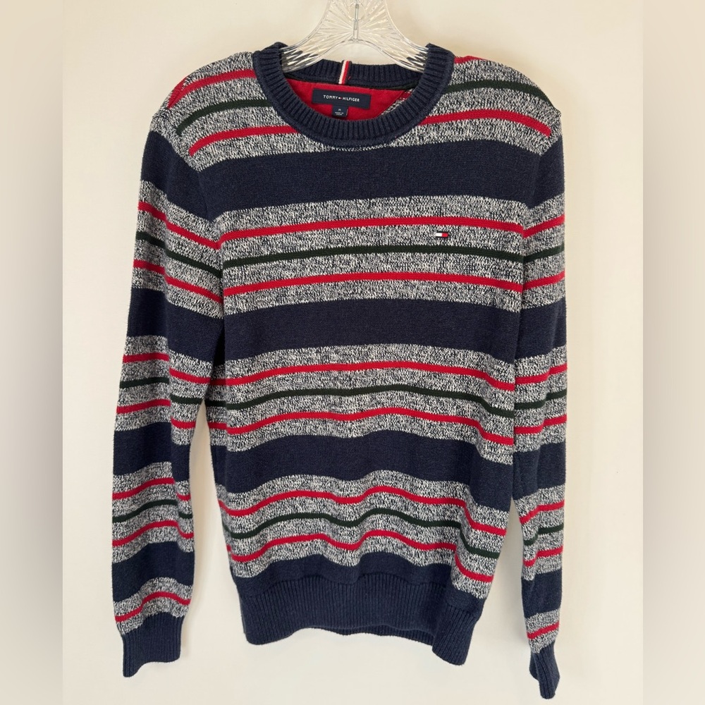 Tommy Hilfiger Men's Crewneck Sweater - Navy, Red, Gray Stripes Medium